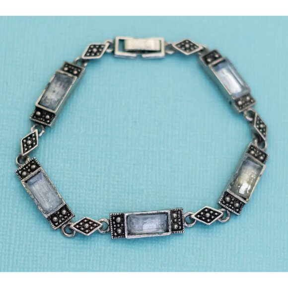 Vintage Edwardian Geometric Rectangular Stones Silver Tone Bracelet 7 inch - E5 - Picture 2 of 3